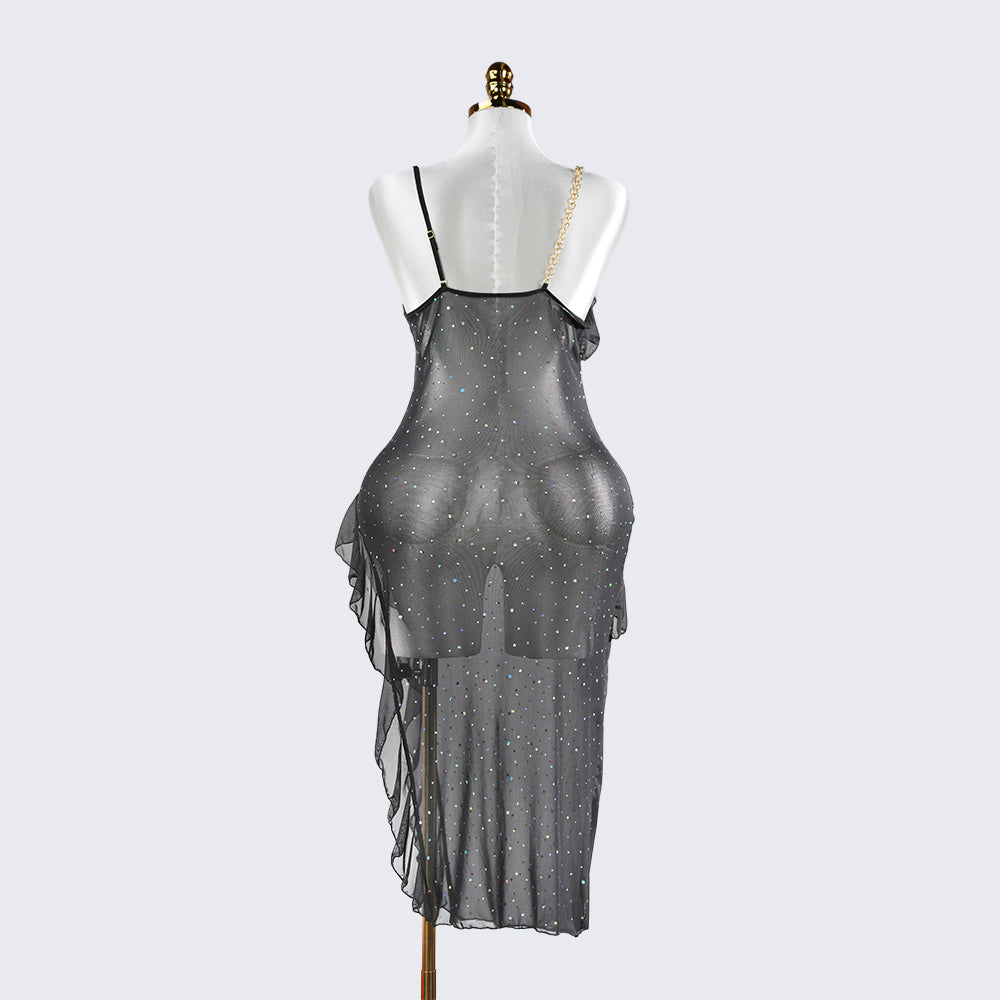 Sparkly Spaghetti Strap Mesh Ruffled Sheer Nightwear Dress Lingerie