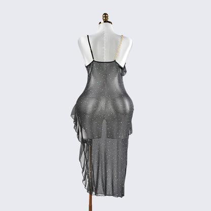 Sparkly Spaghetti Strap Mesh Ruffled Sheer Nightwear Dress Lingerie