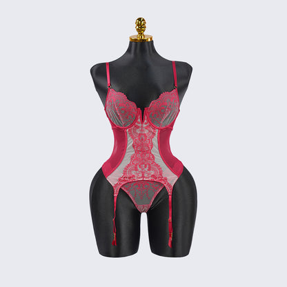 Lace Floral Embroidered Bodysuit Gloves Set