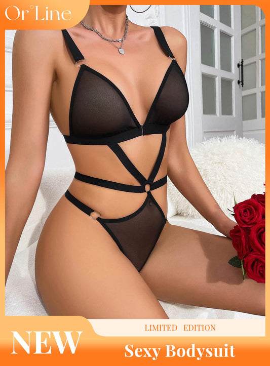 sexy black lace bikini lingerie see-through cut-out seduction exposing bra panties onesuit set