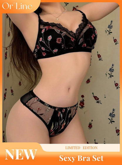 sexy black lace embroidery embroidered bikini lingerie sheer cut-out seduction exposing bra panties set
