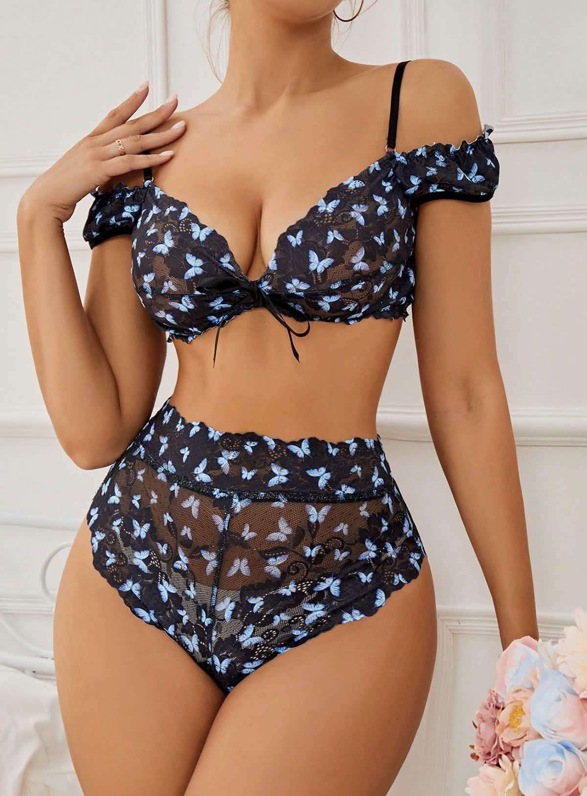 sexy blue floral lace embroidery embroidered bikini lingerie see-through cut-out erotic outfit seduction bra panties set