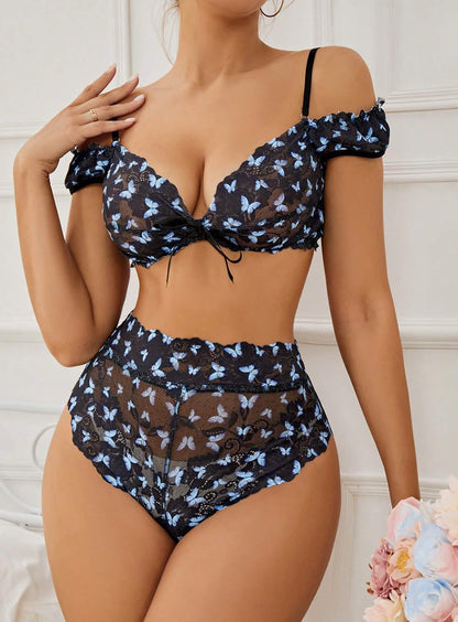 sexy blue floral lace embroidery embroidered bikini lingerie see-through cut-out erotic outfit seduction bra panties set