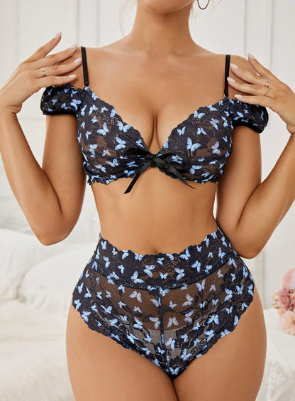 sexy blue floral lace embroidery embroidered bikini lingerie see-through cut-out erotic outfit seduction bra panties set